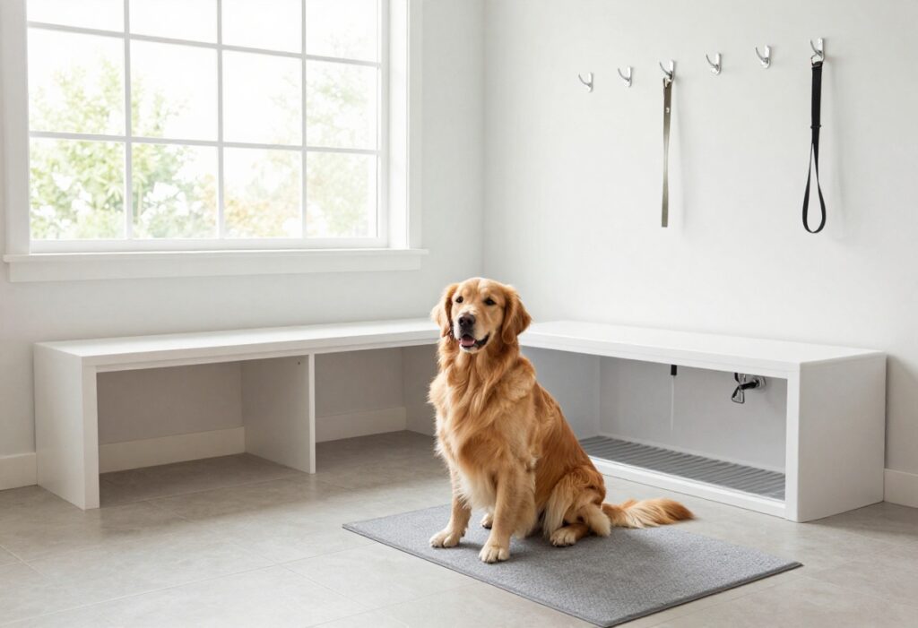 A clean mud room with a golden retriever sitting on a mat near a dog wash station, leash hooks, and a storage bench.