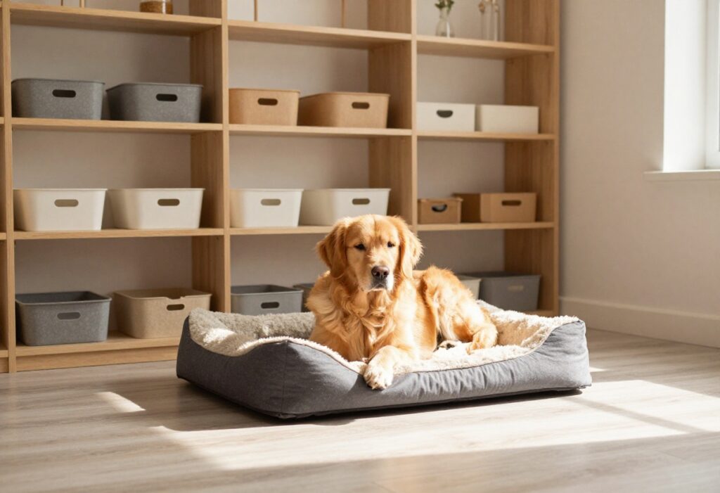 Cozy under-stairs dog room with built-in storage and a golden retriever resting on a bed