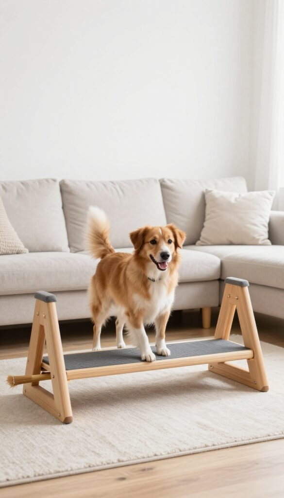 Dog navigating a homemade obstacle course using furniture and household items in a bright living room