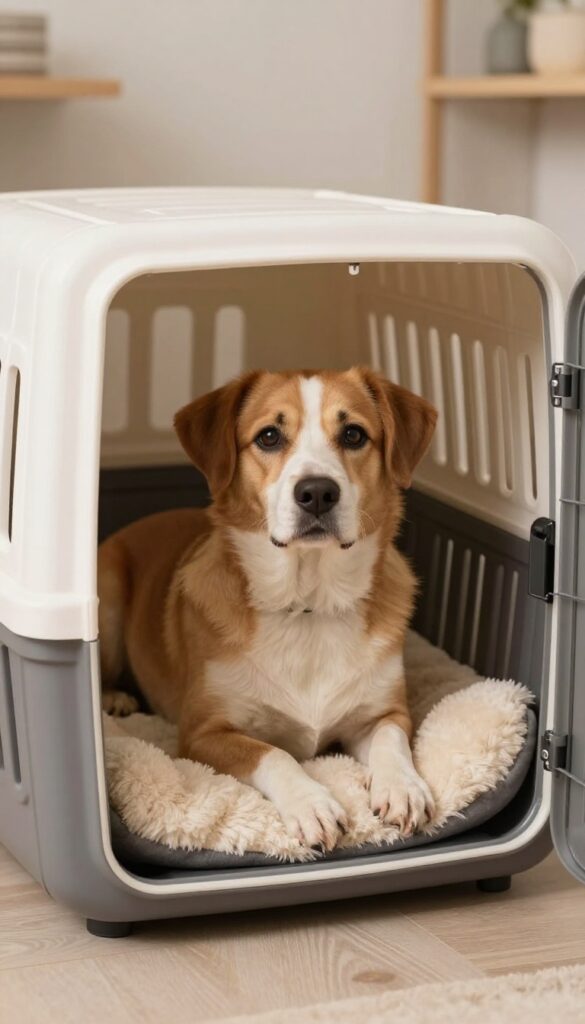 Dog crate inside a closet or alcove, hidden setup with cozy den-like feel, photorealistic, bright natural light, no text