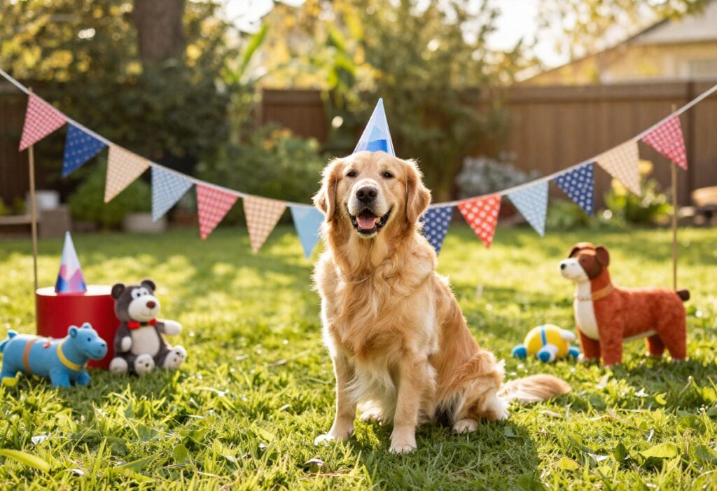 Happy golden retriever in a party hat at a backyard birthday party with decorations