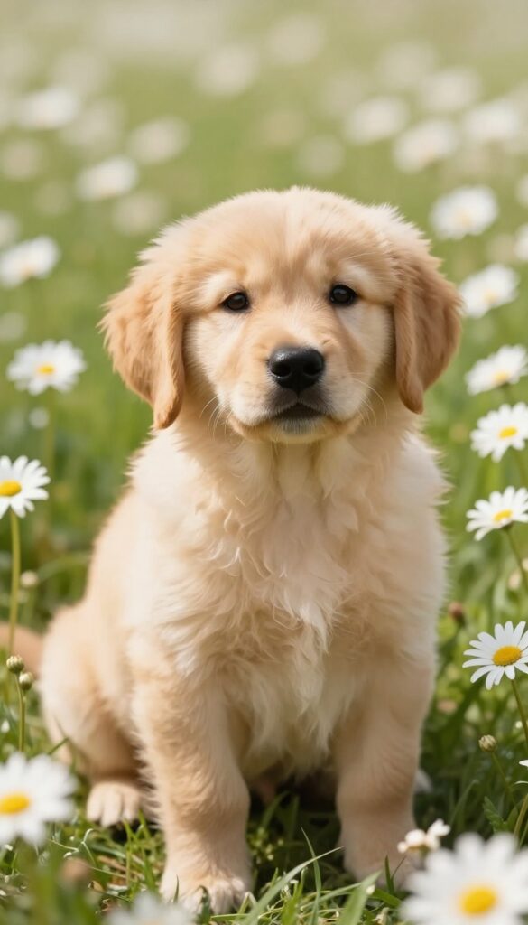 Golden retriever puppy sitting among daisies in a sunny meadow