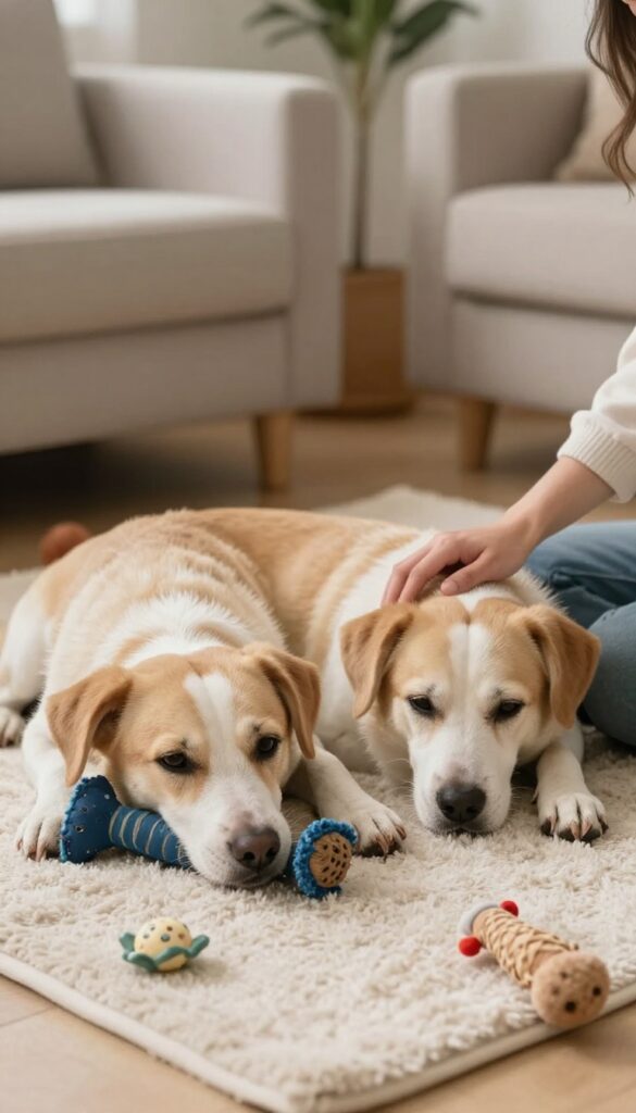 Dogs relaxing on soft blankets with frozen treats in a calm wind-down zone after a party