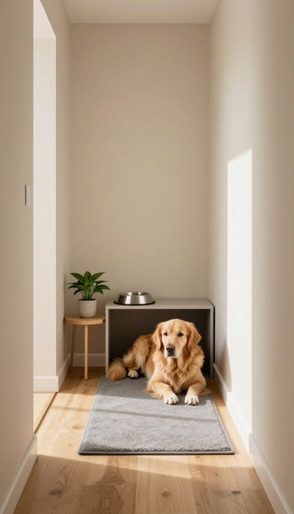 A dog kennel painted to match the wall at the end of a hallway, with a golden retriever resting inside.