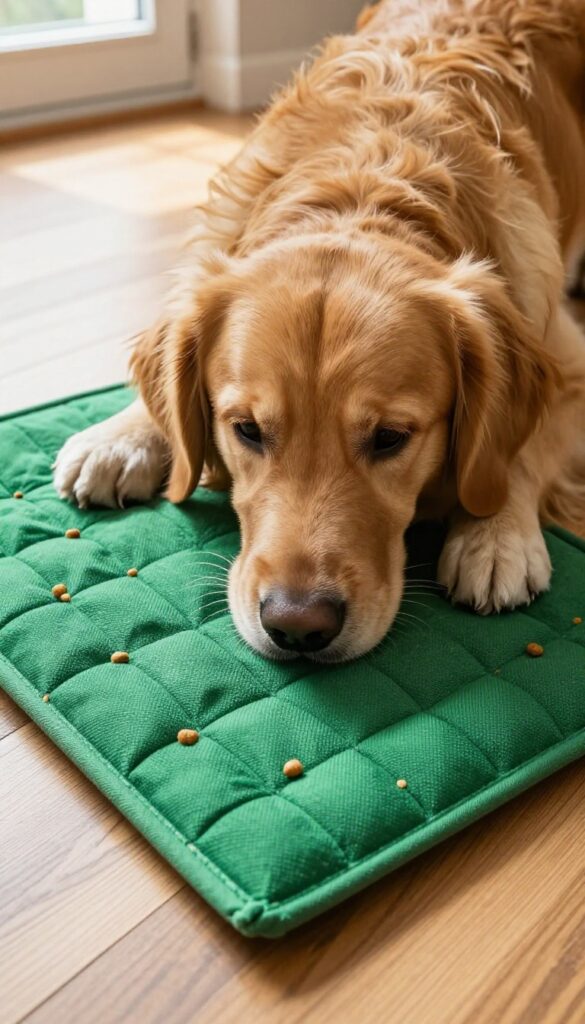 Golden retriever sniffing a snuffle mat with hidden treats on a wooden floor