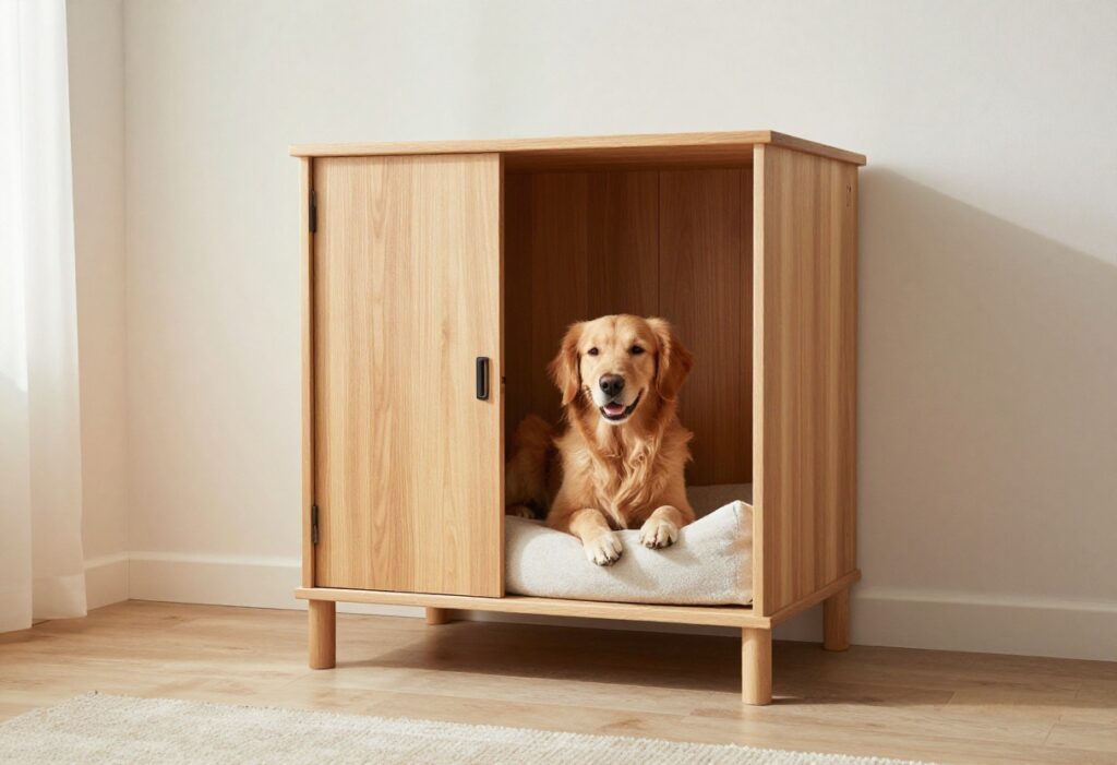 Custom indoor dog kennel with a golden retriever peeking out from a wooden cabinet.