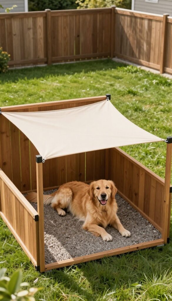 Dog run with shade sail in backyard, dog resting in cool shaded area