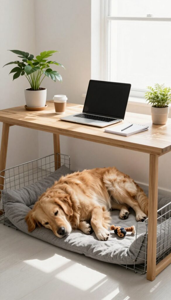 A desk with an integrated dog crate underneath, featuring a sleeping golden retriever in a bright home office.