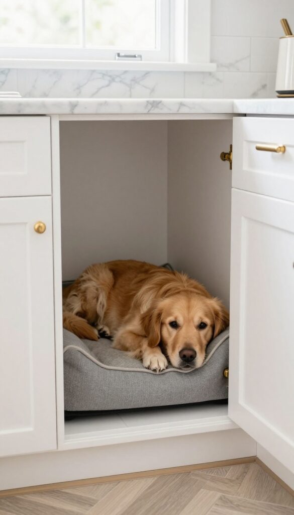 Custom kitchen alcove dog kennel with raised bed and tile floor, featuring a golden retriever resting inside.