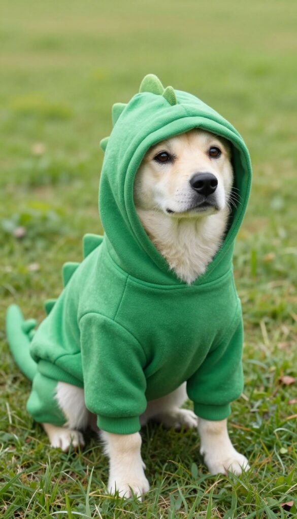 Dog wearing a green dinosaur hoodie with spikes, sitting on grass in natural light