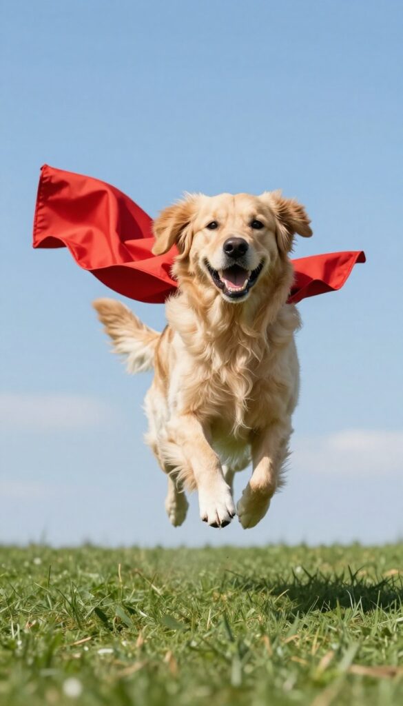 Golden retriever wearing a red superhero cape jumping in a park