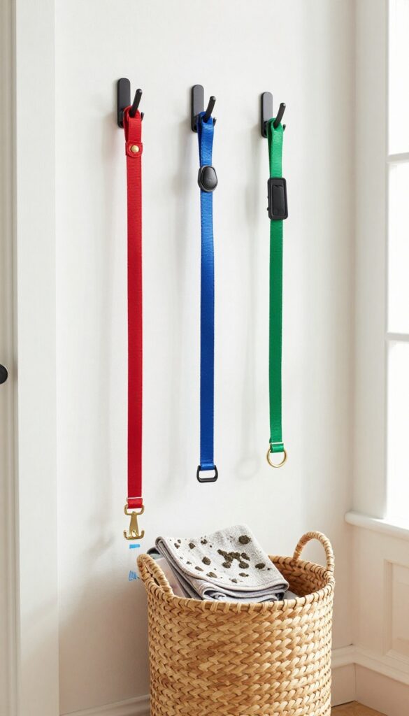 Matching black leash hooks and a woven storage bin organized by an entryway, with leashes hanging neatly.