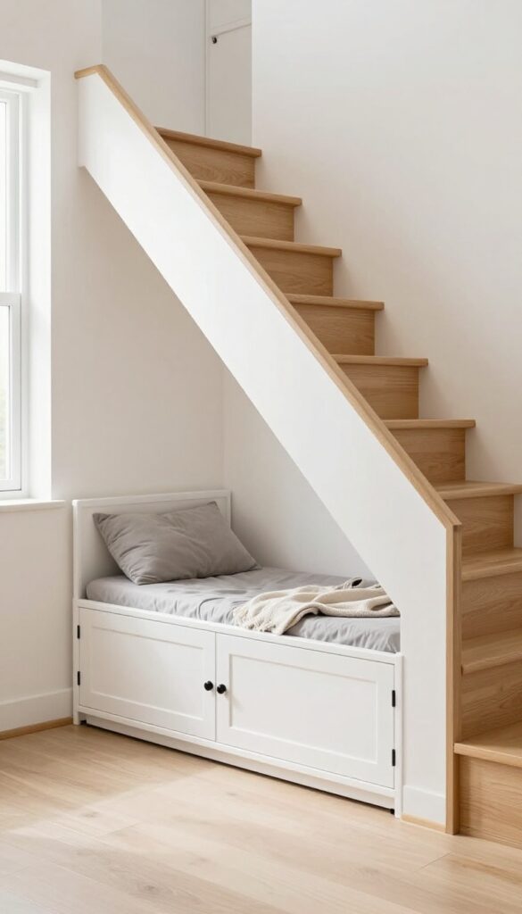 Built-in dog crate under stairs in a small stylish home, photorealistic.