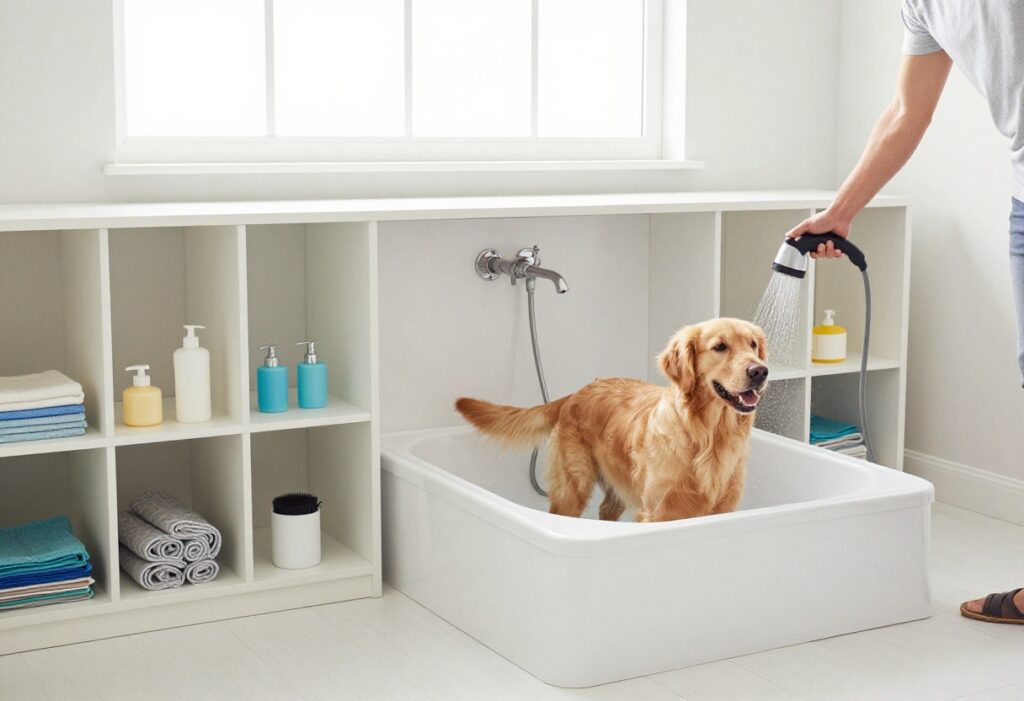Mudroom dog wash station with a golden retriever in a raised tub and a person using a handheld sprayer.