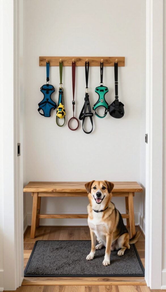 Organized entryway mudroom dog zone with bench, hooks, and dog sitting on mat