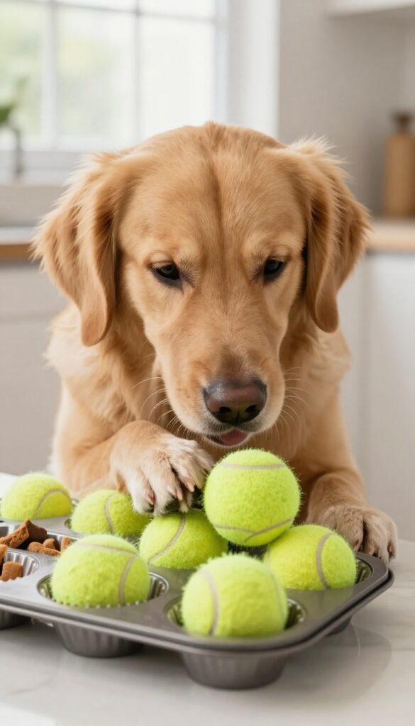 Dog playing muffin tin memory game by nudging tennis balls off cups to find treats.