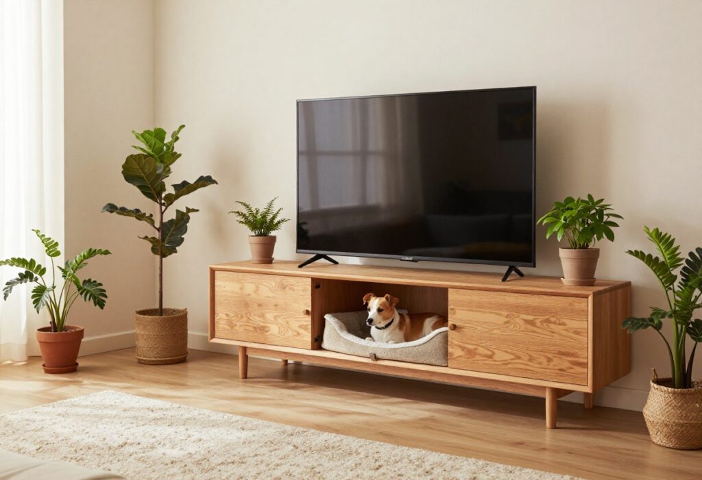 Dog crate TV stand in a living room with a dog sitting inside