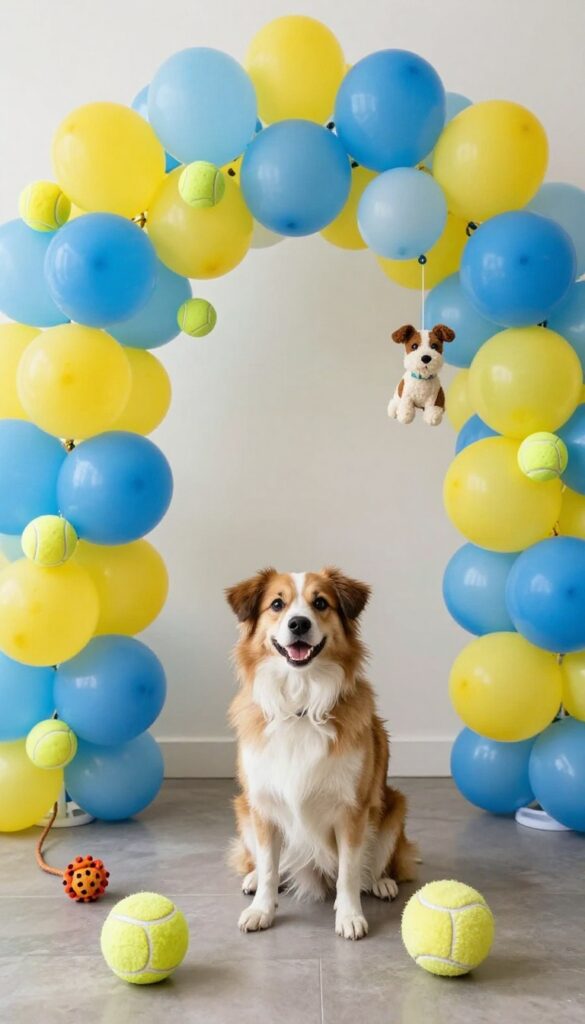 DIY balloon arch with dog toys as party backdrop for puppy photos