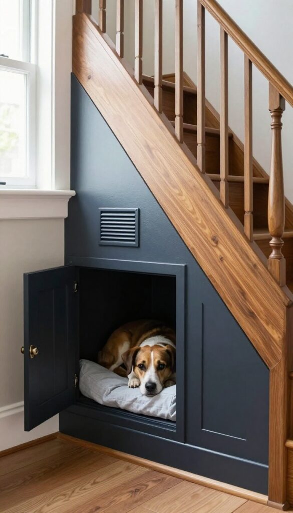 Cozy under-stair dog kennel nook with custom door and dark interior, a small dog resting inside.