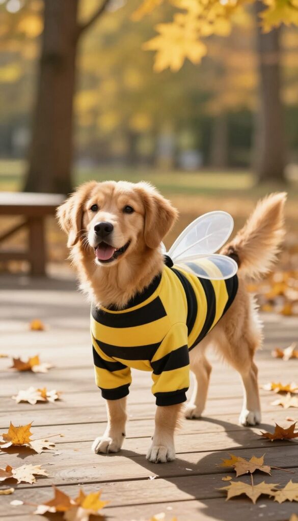 A dog wearing a bumblebee costume with black and yellow stripes and small wings, standing on a wooden deck in autumn sunlight.