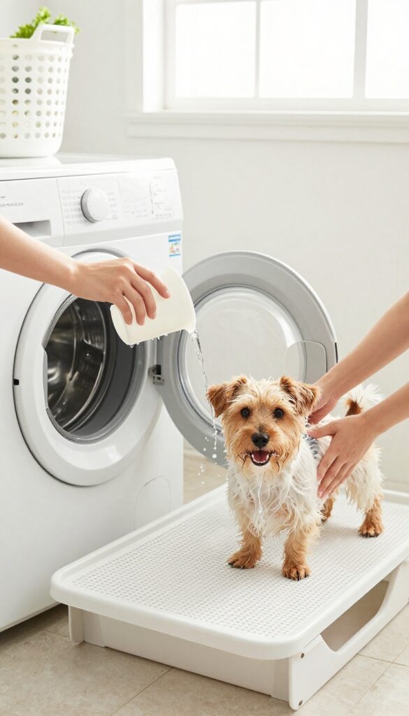 Wall-mounted fold-down dog bath tray in a small laundry room with a small dog being bathed, raised lip, handheld sprayer, non-slip mat, bright natural light.