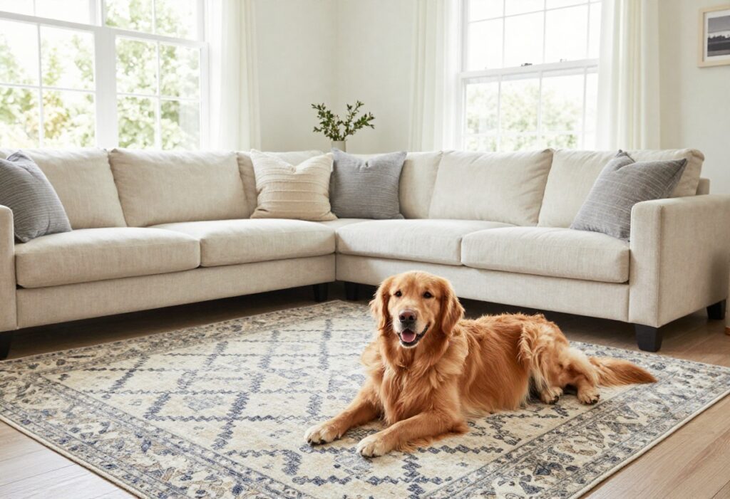 Dog-friendly living room with a golden retriever resting on a rug near a stylish sofa and dog bed