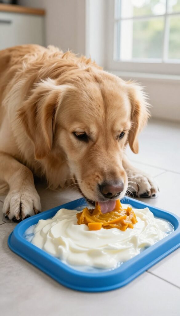 Dog enjoying a frozen lick mat with yogurt and pumpkin puree on a sunny kitchen floor