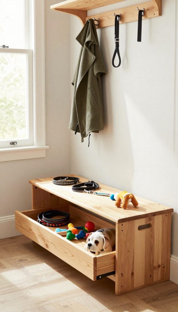 Mudroom bench with hidden storage for dog leashes and toys