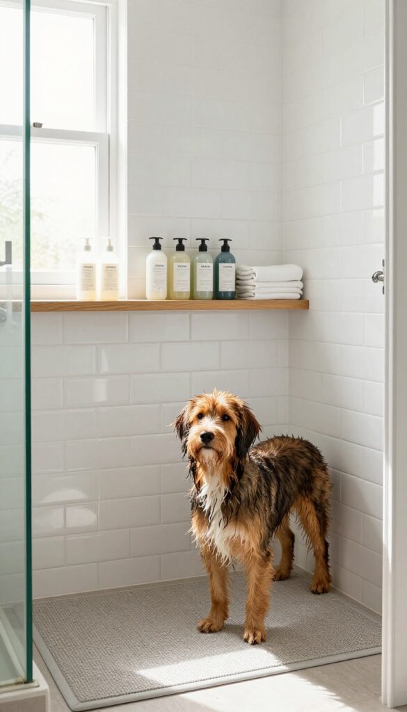 Utility room dog shower with tile wainscoting and built-in shelf, photorealistic bright natural light