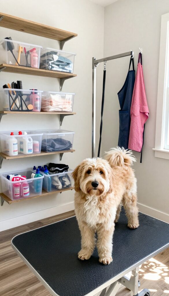 DIY dog grooming station in a closet with storage bins, wall-mounted arm, and a dog on a non-slip mat