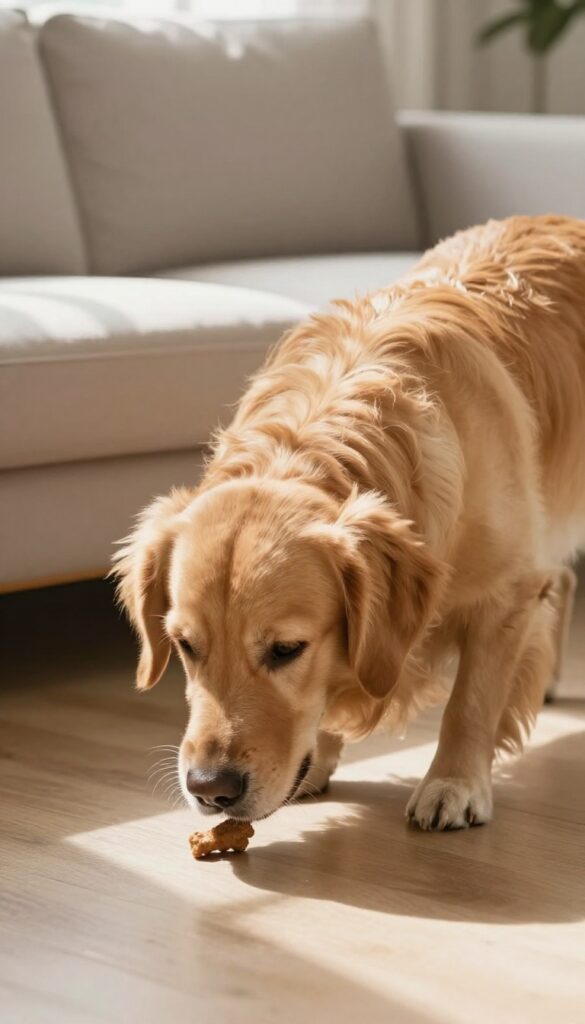 Golden retriever sniffing a treat hidden under a couch cushion in a bright living room
