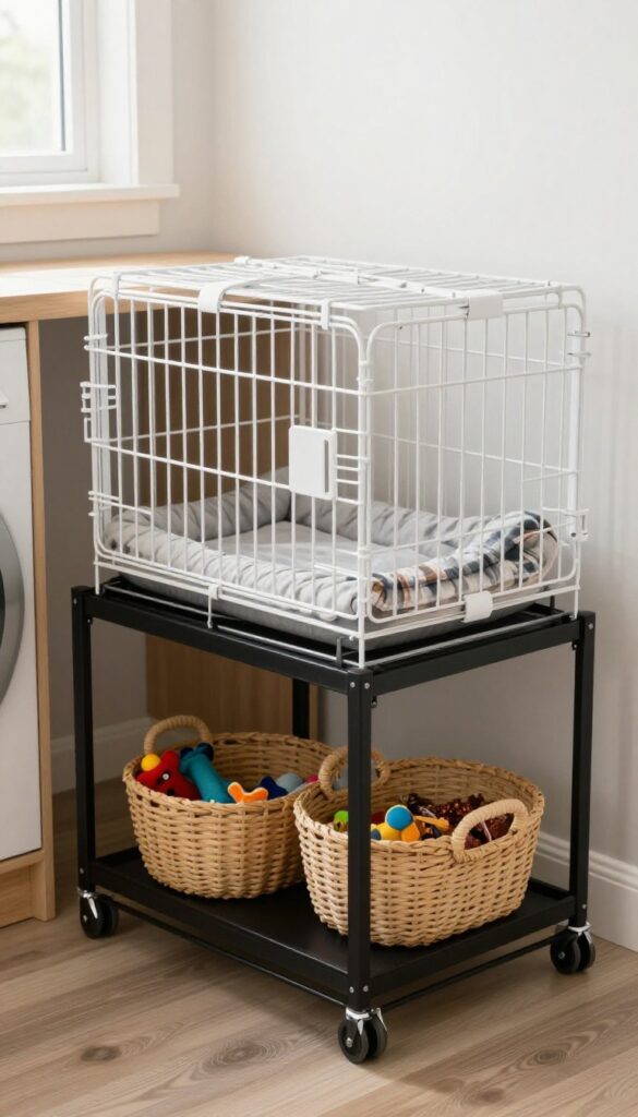 Rolling cart kennel in laundry room with crate on top and storage baskets underneath
