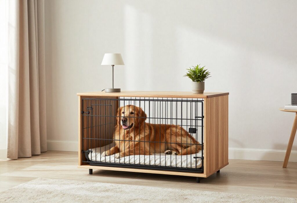 Stylish indoor dog kennel blending into living room decor