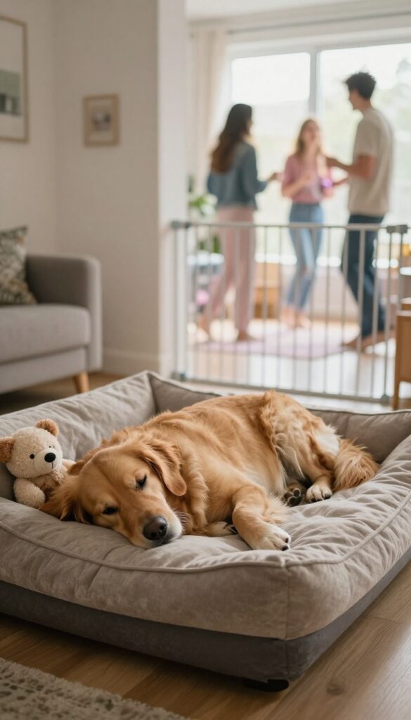 Shy dog resting in a quiet zone at a dog birthday party, with a cozy bed and toy in a calm corner.