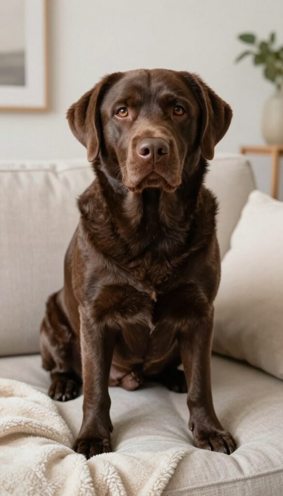 A chocolate Labrador Retriever sitting on a cozy sofa, embodying the warm and comforting name Cocoa.