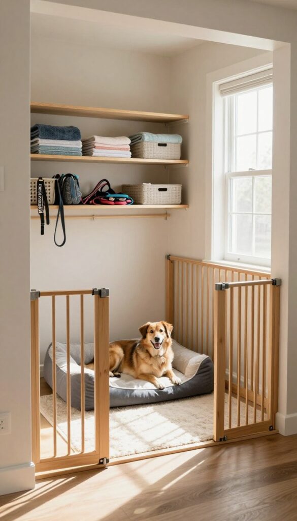 Closet kennel with overhead storage, dog resting inside, shelves with supplies, bright natural light