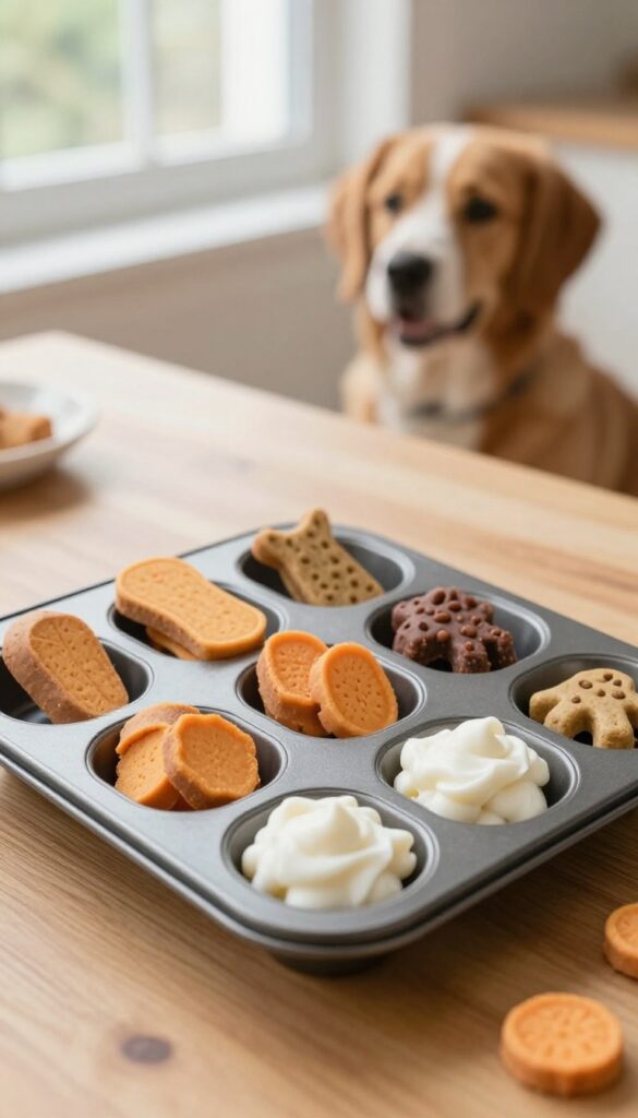 Dog treat tasting station with muffin tin portions