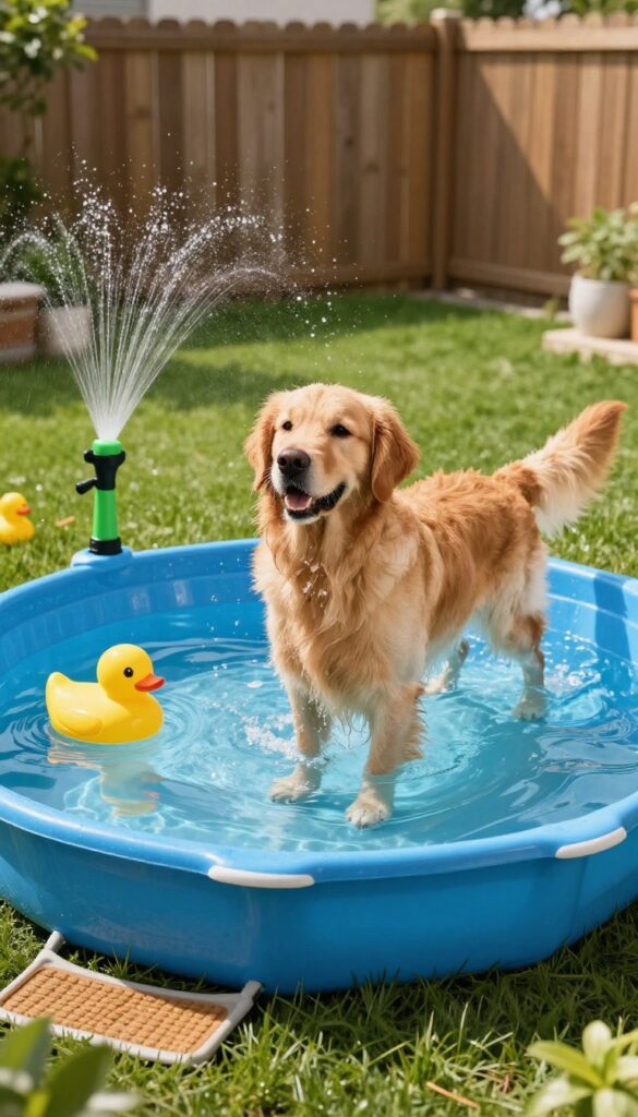 Golden retriever playing in a backyard kiddie pool with floating toys and sprinkler