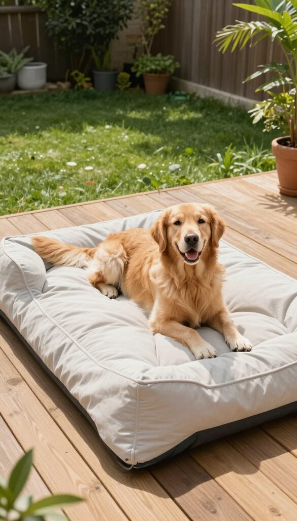 Golden Retriever relaxing on outdoor dog bed with removable cover on wooden deck in sunny backyard.