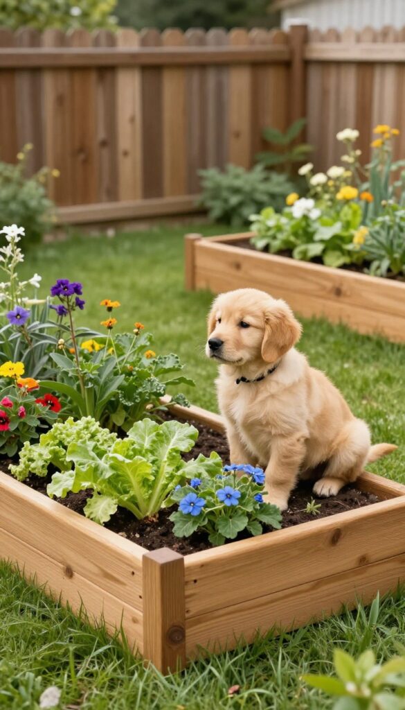 Raised garden bed in a sunny backyard with a dog sitting nearby, showcasing dog-proof landscaping.