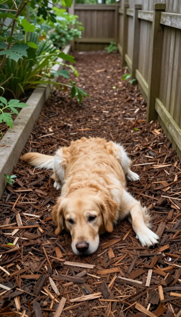 Golden retriever resting on a mulch-covered dog run in a narrow side yard with wooden fence and greenery.