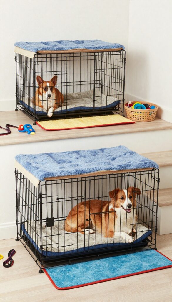 Under stairs multi-pet setup with separate zones for multiple dogs