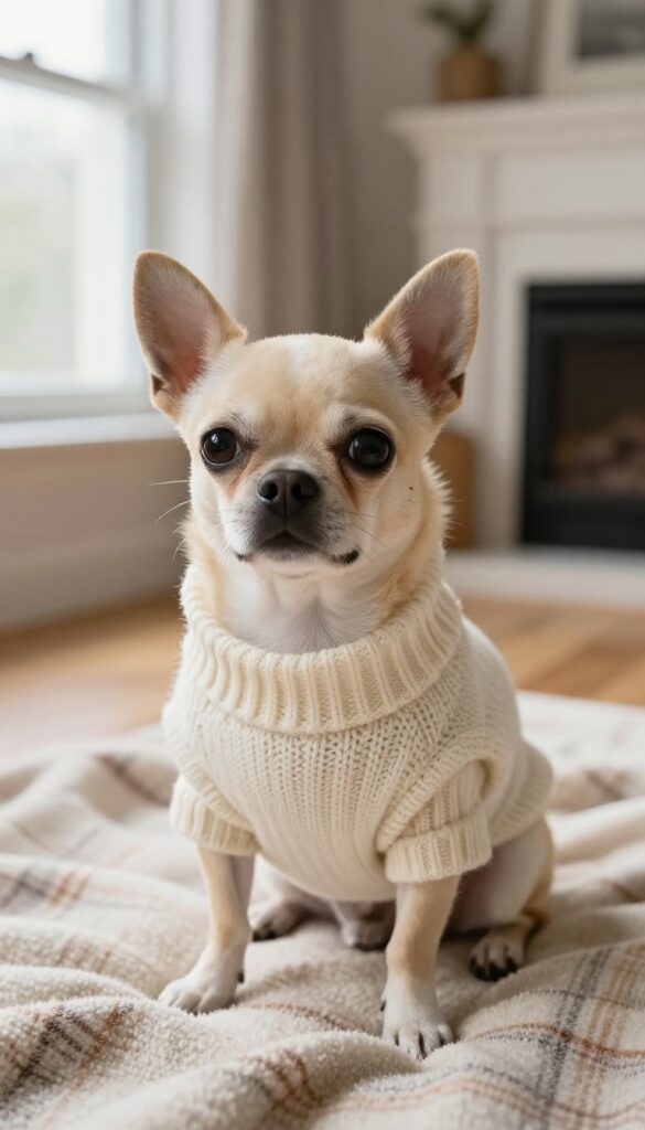 A small dog wearing a cozy cream knit sweater in a warmly lit living room