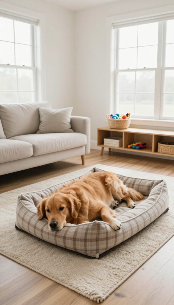 Dog zone with rug and shelf in bright living room