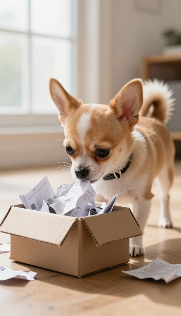 Small curious puppy exploring a cardboard box with crumpled paper in a sunlit room