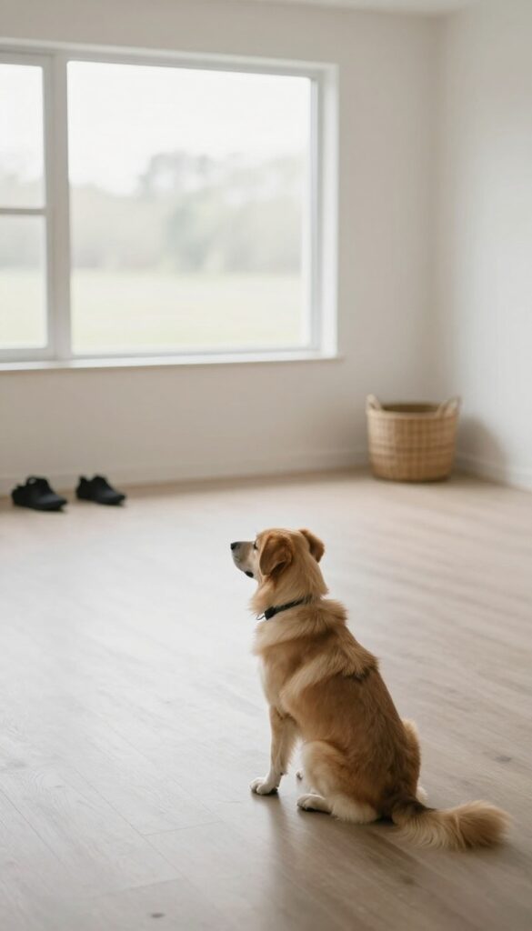 A clean, clutter-free floor in a dog training room, with a focused dog sitting calmly, bright natural light, minimalistic and serene.