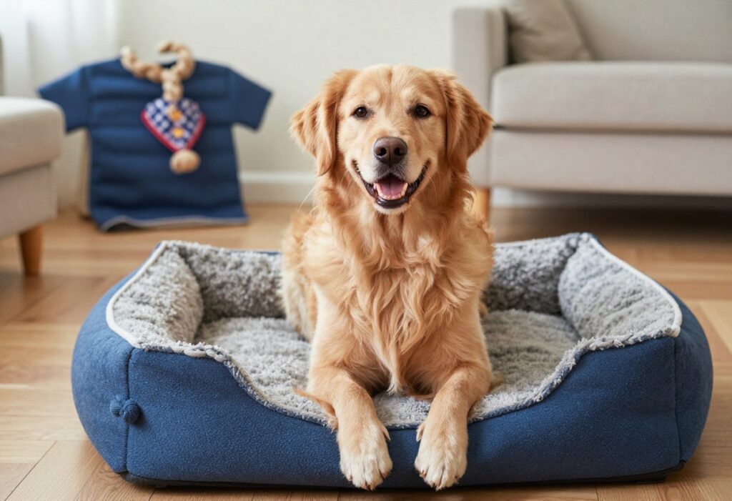 Golden retriever sitting on a DIY fleece dog bed with knotted edges, surrounded by handmade dog toys and accessories.