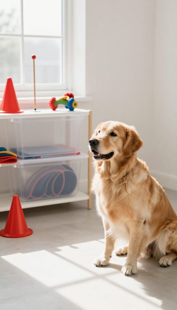 Dog training room with a clear bin of weekly rotating props including a tunnel, cone, target stick, and puzzle toy, with a golden retriever sitting nearby.