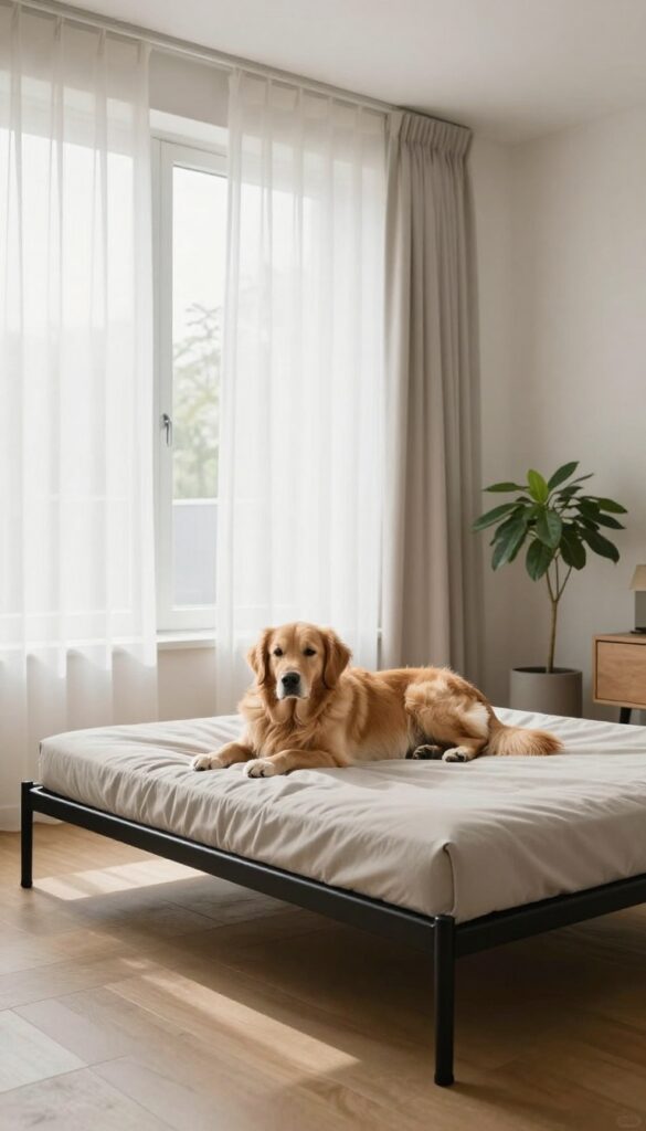 Elevated dog bed with clean lines in a modern living room