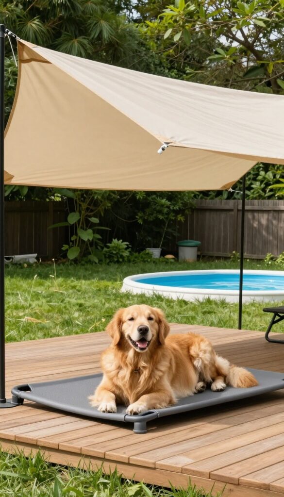 A dog resting on a cooling cot under a shade sail in a sunny backyard.